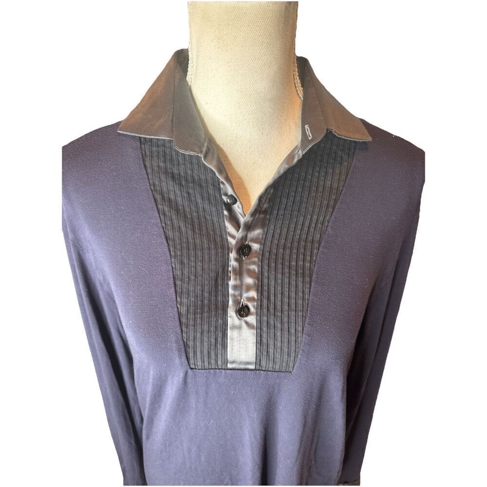 DOLCE & GABBANA BIB Silk BLOUSE Black Blue Collared Pleated Top Italy D&G Shirt